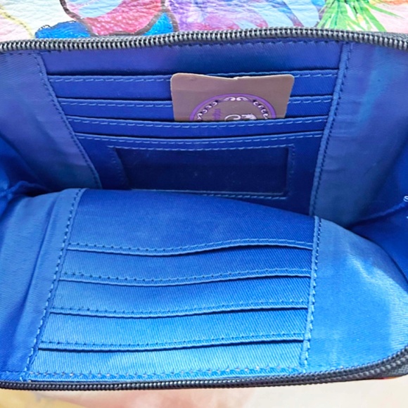 SATCHEL, LEATHER HANDPAINTED MULTICOLOUR PARROTS, TOP DOUBLE ZIP CLOSURE, REMOVA - Picture 14 of 14